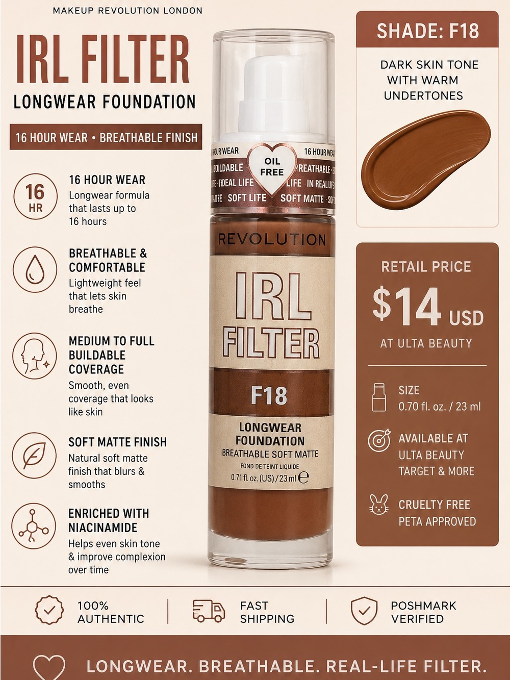Makeup Revolution IRL Filter Longwear Foundation F18 Dark Brown